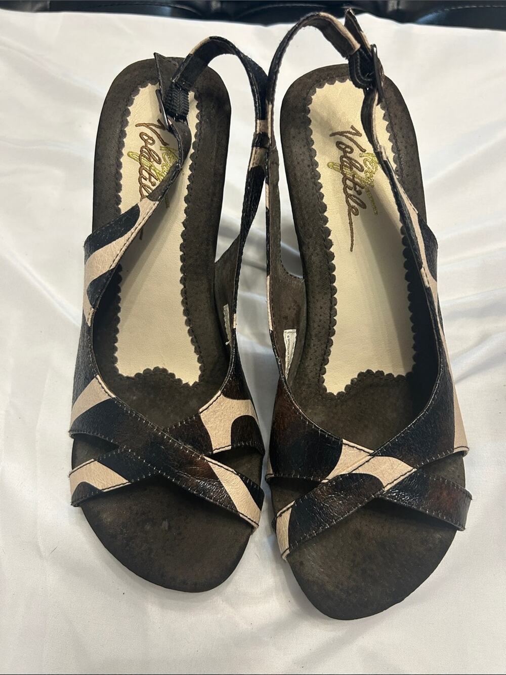 Volatile Brown and Beige Slingback Peep-Toe Wedges